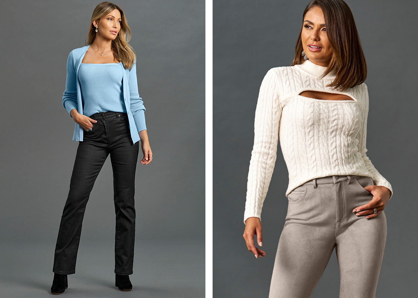 Tile 1 model has light blue tank top and sweater with newport black jeans. Tile 2 model wearing textured off white sweater and light grey monterey bootcut jeans.